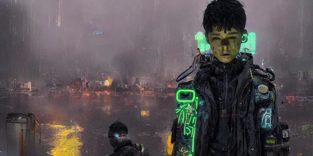 Image similar to detailed portrait Neon guard boy with short dark hair seen from the back, cyberpunk futuristic, reflective puffer jacket, black leggings, decorated with traditional ornaments in front of a dystopian crowd with piles of garbage by Ismail inceoglu dragan bibin hans thoma, Perfect face, fine details, realistic shaded, fine-face, pretty face