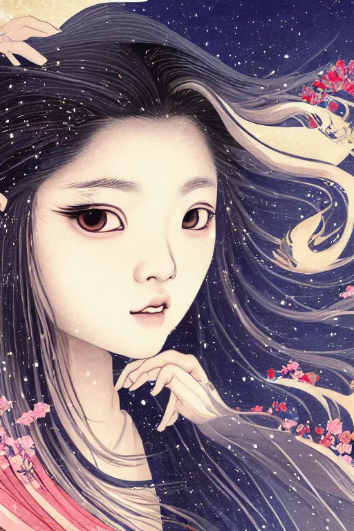 Prompt: beautiful young heroine portrait like twice tzuyu+happy+smoky eyes+front face with light flowing hair smiling, great wave of hokusai, illustration, fantasy, acryllic spill, intricate complexity, Chinese, goddess, holy, divine, rule of thirds, in the style of Kazuki Tanahashi, ultradetail face by tian zi and WLOP and alphonse mucha, fantasy character concept, watermark, blurry, 8k
