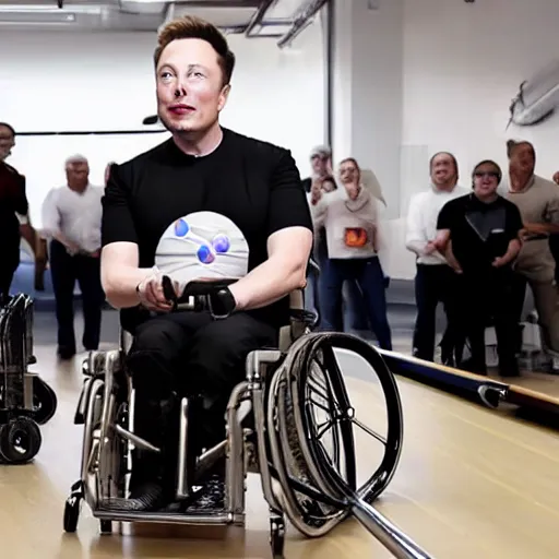 Image similar to elon musk in a wheelchair playing billiard