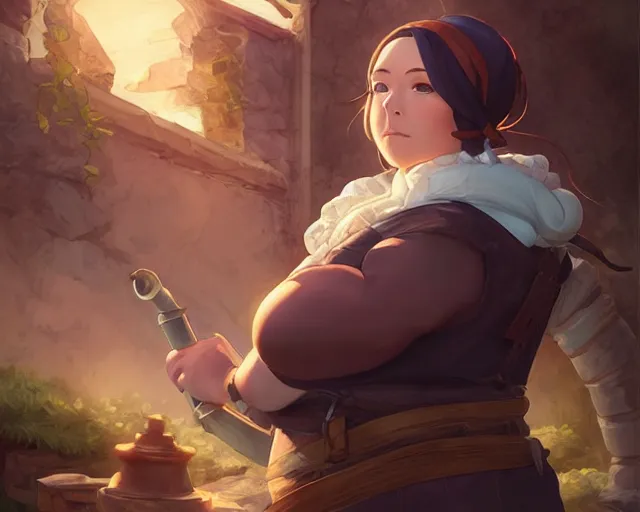 Prompt: beautiful portrait of a rotund female blacksmith, character design by sandro botticelli, ross tran, artgerm, and makoto shinkai, highly detailed, soft lighting