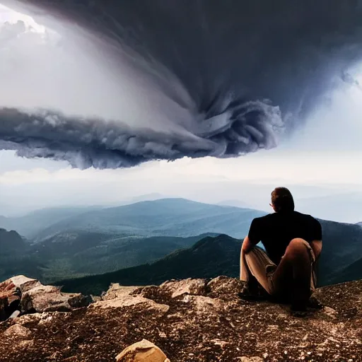 Image similar to man sitting on peak top mountain looking at huge vast sky storm tornado