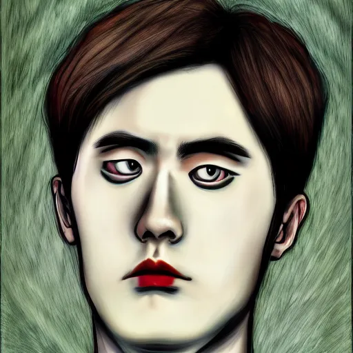 Image similar to a self-portrait of jung jaehyun in the art style of junji ito, color restoration,