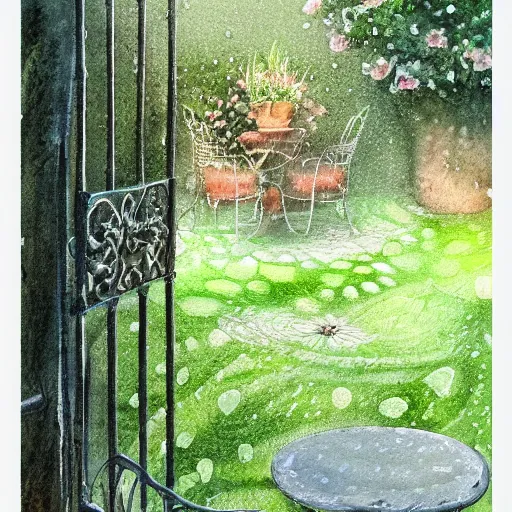 Image similar to delicate rain, toad, chairs, garden, paved, botanic watercolors, iridescent, 8 k, realistic shaded, fine details, artstation, italian, iron gate, tree, mediterranean