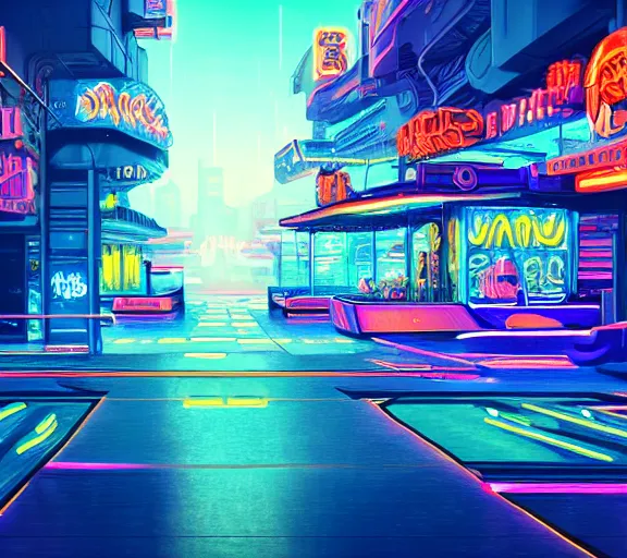 Image similar to a dreamlike cyberpunk city sit in the very far future, neon signs, shops and bars, floating buildings, glowing neons, synthwave, slightly abstract, rich deep colors, 4 k, realistic photography, flying cars in the distance, robot humanoids, anthropomorphic vehicles, fantasy setting, brilliant dreamy lighting, 8 0 s vibe, morning, blue sun