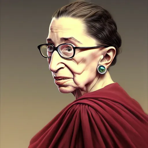 Image similar to a hyper - realistic character concept art portrait of young ruth bader ginsburg, depth of field background, artstation, award - winning realistic sci - fi concept art by jim burns and greg rutkowski, beksinski, a realism masterpiece, james gilleard, bruegel, alphonse mucha, and yoshitaka amano.