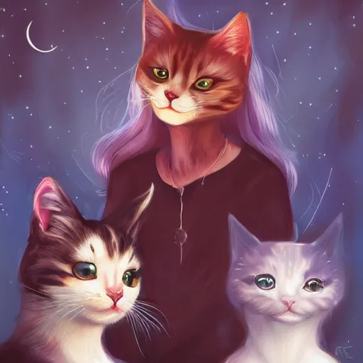 Prompt: meeting of the cats, nighttime, artwork by ross tran
