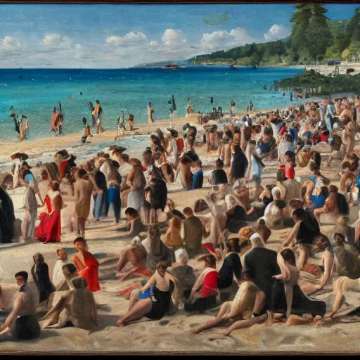 Prompt: crowd of rich people on a private beach chilling in the style of Emanuel Witz, Swiss painter, restored