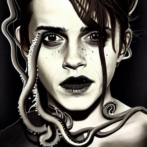 Prompt: emma watson's horror version. an unnatural abomination with long teeth, many tentacles, and gray skin. grunge, horror, dmt, dark and muted colors, detailed airbrush art, by yves klein