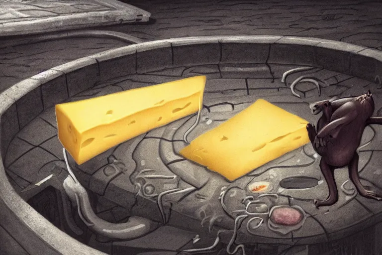 Image similar to a giant creepy rat eating cheese in a sewer, photo - realistic, hyper realism,