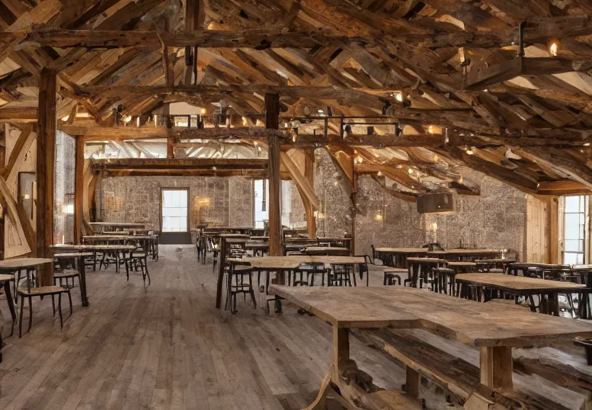 Prompt: interior barn renovation as folk music event space rustic with bar and cafe tables 8k photorealistic