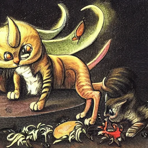 Image similar to a demon cat with a pitchfork in his paws and a crown looks at paradise, where cats circle round dances