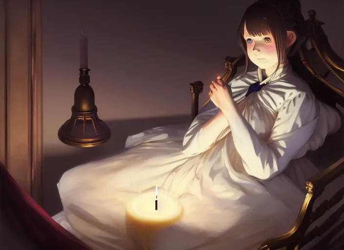 Image similar to victorian britain 1 8 3 6, 1 6 year old florence nightingale, has a vision from god, dream like, night, single candle, luxurious bedroom, finely detailed perfect art, gapmoe yandere grimdark, trending on pixiv fanbox, painted by greg rutkowski makoto shinkai takashi takeuchi studio ghibli