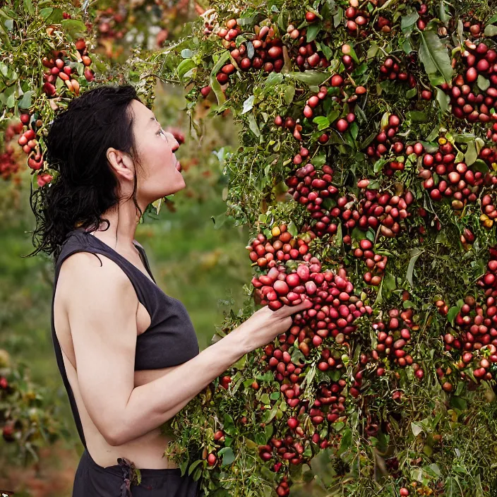 Image similar to a closeup portrait of a woman wearing golden spider silk sea silk seaweeds, picking pomegranates from a tree in an orchard, foggy, moody, photograph, by vincent desiderio, canon eos c 3 0 0, ƒ 1. 8, 3 5 mm, 8 k, medium - format print