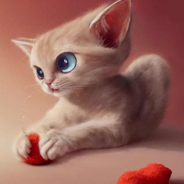 Image similar to a painting of a cute light beige kitten with brown ears and face and legs and tail playing with a red yarn ball. white paws. big eyes. character design by cory loftis, fenghua zhong, ryohei hase, ismail inceoglu and ruan jia. volumetric light, detailed, rendered in octane