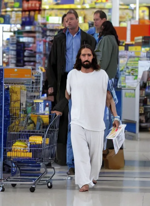 Prompt: jesus looking exhausted while leaving his midday shift at walmart