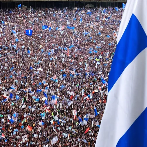 Image similar to Lady Gaga as president, Argentina presidential rally, Argentine flags behind, bokeh, giving a speech, detailed face, Argentina