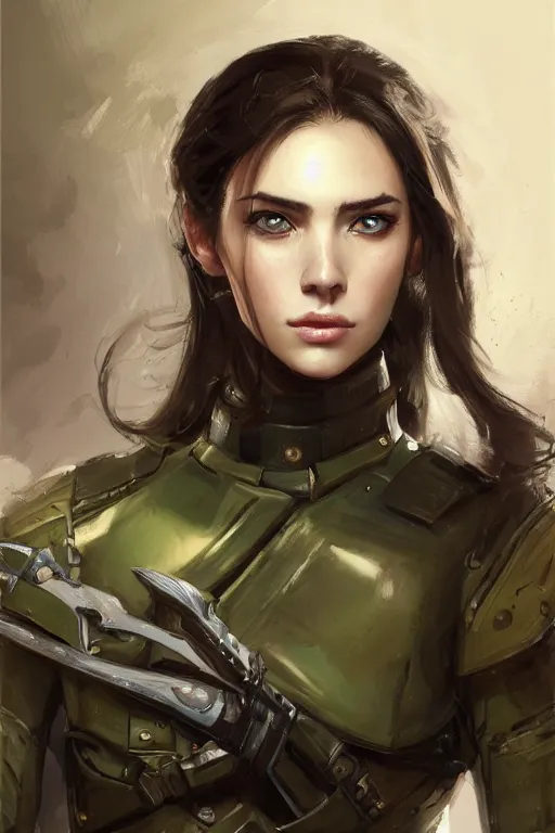 Image similar to a professionally painted portrait of an attractive young woman, clothed in military armor, olive skin, long dark hair, beautiful bone structure, symmetrical facial features, intricate, elegant, digital painting, trending on Artstation, concept art, smooth, sharp focus, illustration, from Metal Gear by Ruan Jia and Mandy Jurgens and Artgerm and William-Adolphe Bouguerea, award winning