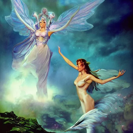 Prompt: an epic cinematic shot of a battle for control the ethereal realm, Fairy Princess, Boris Vallejo, Digital Photography