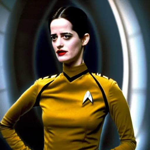 Image similar to a beautiful full body photograph of younger eva green as a star fleet officer from star trek next generation, extreme realism and detail, 8 k, completely framed, direct lighting, 3 5 mm photo, photorealistic, sharp focus