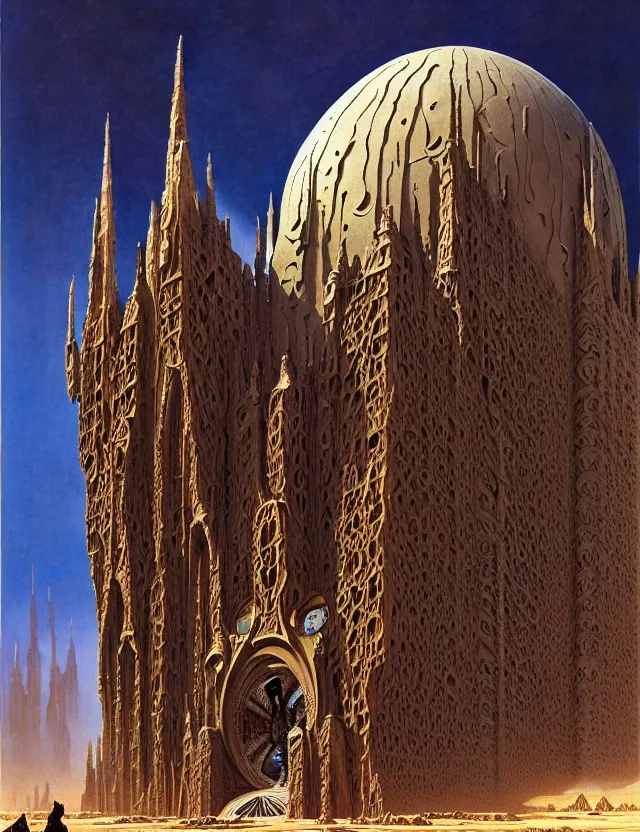 Prompt: giant immense crematorium advanced technology sci - fi architectural structure on desert planet, gothic architecture fantasy, d & d, intricate, painting by lucian freud and mark brooks, bruce pennington sakimi chan, fantasy armor, detailed face, dynamic lighting, tony sart