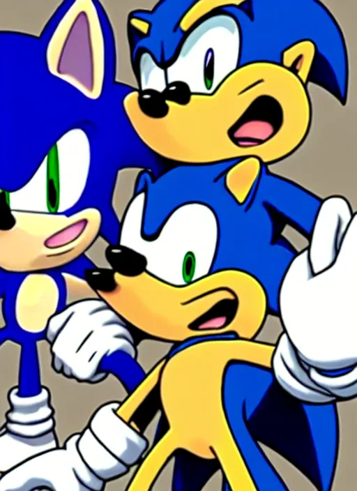 Image similar to sonic the hedgehog and jotaro kujo from jojo's bizarre adventure hanging out