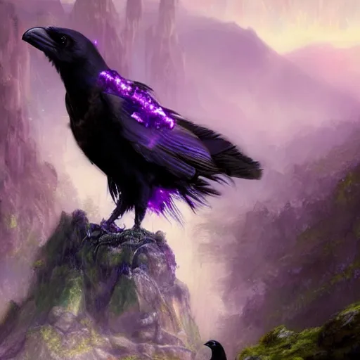 Image similar to portrait of a beautiful raven perched on purple crystals that are glowing in a misty valley, establishing shot, extremly high detail, foto realistic, cinematic lighting, by Yoshitaka Amano, Ruan Jia, Kentaro Miura, Artgerm, post processed, concept art, artstation, raphael lacoste, alex ross