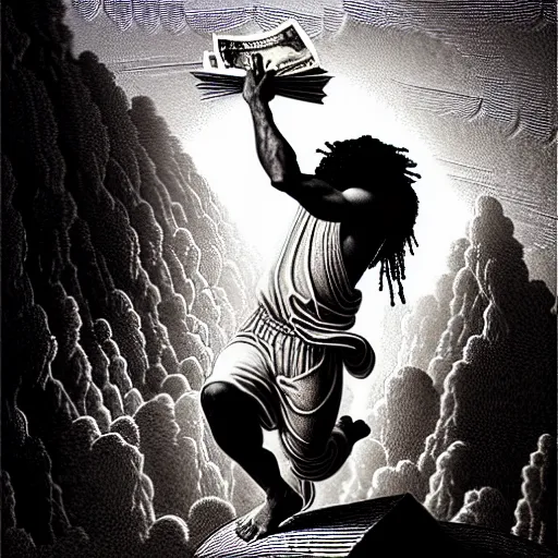 Image similar to cheef keef ascending into heaven holding stacks of cash, biblical image, style of gustave dore, highly detailed, beautiful, high contrast, black and white