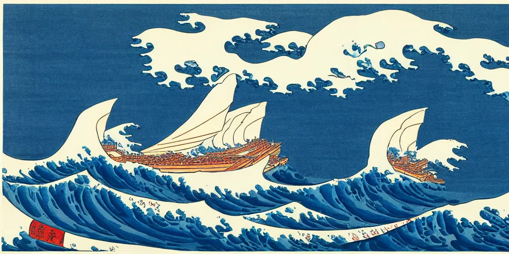 Prompt: A painting of an aircraft carrier on the Great Wave, by Hokusai