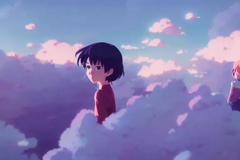 Prompt: group of anime girls kawai separated on the clouds, style of makoto shinkai studio ghibli, james gilleard greg rutkowski chiho aoshima