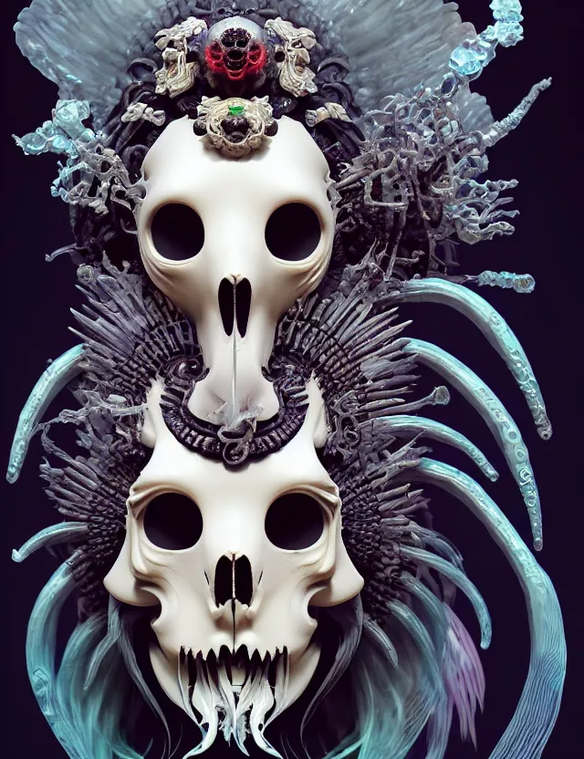 Image similar to 3 d goddess of death close - up profile portrait with ram skull. beautiful intricately detailed japanese crow kitsune mask and clasical japanese kimono. betta fish, jellyfish phoenix, bio luminescent, plasma, ice, water, wind, creature, artwork by tooth wu and wlop and beeple and greg rutkowski