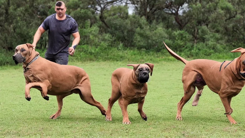 Prompt: a tan boerboel with a shark fin chasing kangaroos