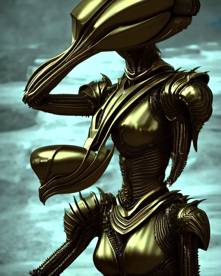 Image similar to epic portrait of alien queen in ring armour by cleavanger and elvgren epic octane vfx maya render