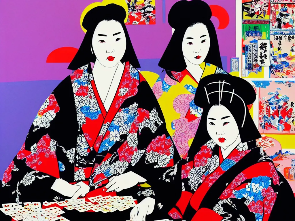 Image similar to hyperrealistic composition of the detailed woman in a japanese kimono sitting at a poker table with detailed darth vader, fireworks, mount fuji on the background, pop - art style, jacky tsai style, andy warhol style, acrylic on canvas