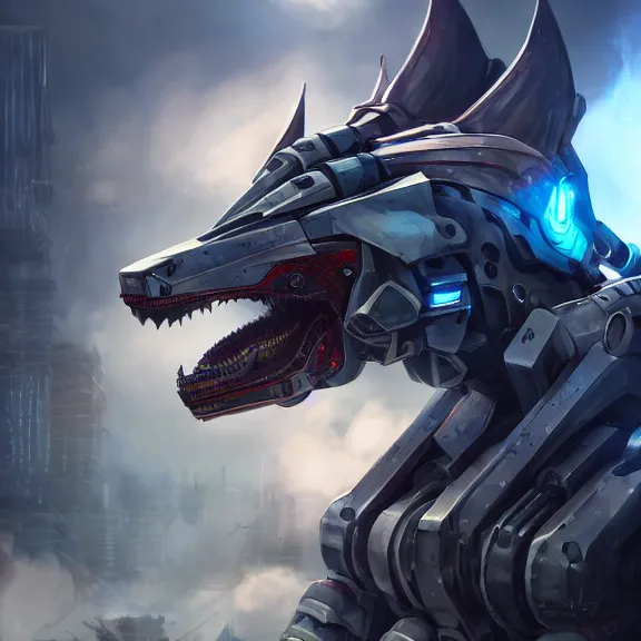 Image similar to hyper realistic, epic, highly detailed cinematic shot of a gigantic feral robot mecha canine, sharp dragon claws, cannon mounted on back, sleek armor, glowing visor, destroying city, digital art, furry art, macro art, dragon art, furaffinity, deviantart, sofurry