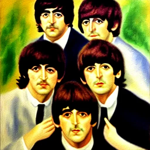 Prompt: Painting of The Beatles, in the style of Renoir, impressionism, oil on canvas