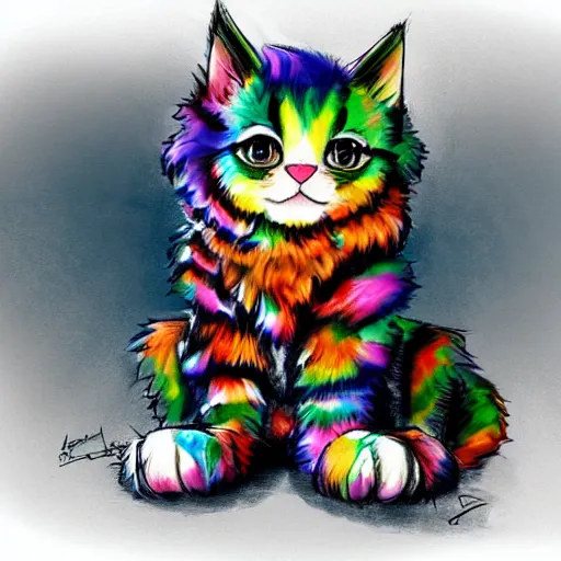 Image similar to wide angle full body, of a fluffy cute rainbow kitten wearing a black leather motorcycle jacket, concept art