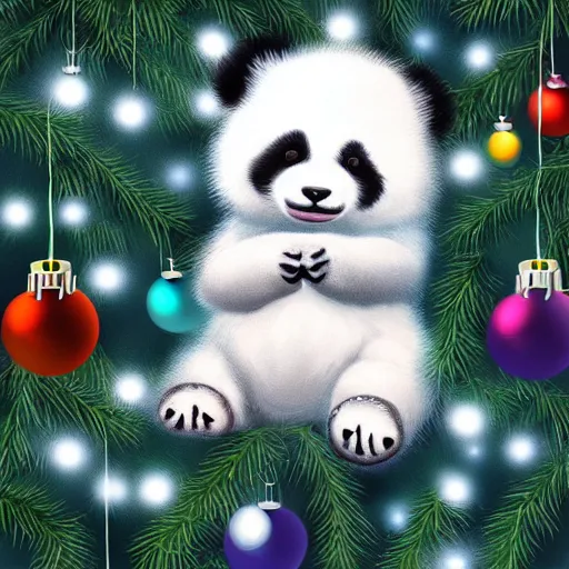 Prompt: cute fluffy white baby panda cub sitting in snowy winter christmas tree landscape with holiday lights detailed painting 4k