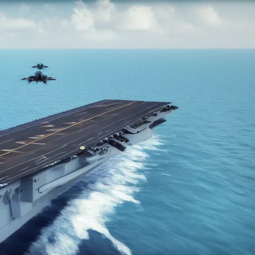 Prompt: promotional movie still, birds - eye view, a usa aircraft carrier in the ocean. in the distance a tie fighter ( star wars ) comes in for a landing. octane 3 d render, ue 5, realism, cinematic, imax 7 0 mm.