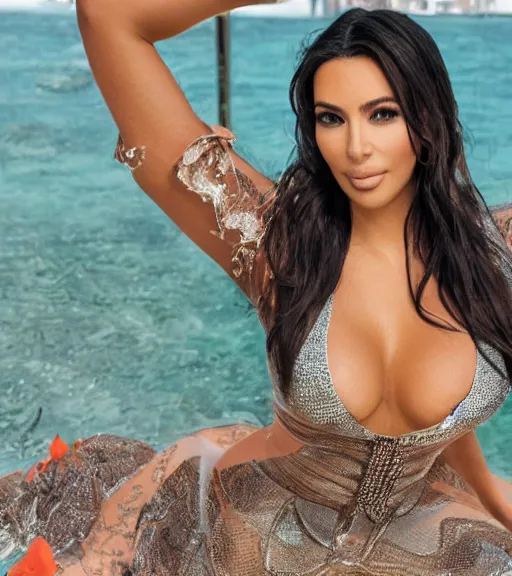 Image similar to professional photo of kim kardashian wearing a hooters outfit, posed by a lake, intricate, elegant, highly detailed, cinematic, instagram, sleek, smooth, sharp focus, illustration, by maxim magazine