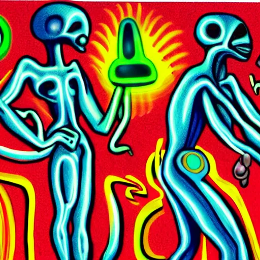 Prompt: artistic depiction of an alien being controlling a human, very colourful, enigmatic and hypnotizing art