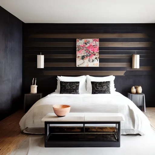 Image similar to bedroom, interior design, stylish luxury hotel bedroom design, yakisugi, black vertical slatted timber, textures, feminine, black walls, art, Japanese pottery vase with flowers, kakejiku Japanese scroll, seasonal, Japanese influences