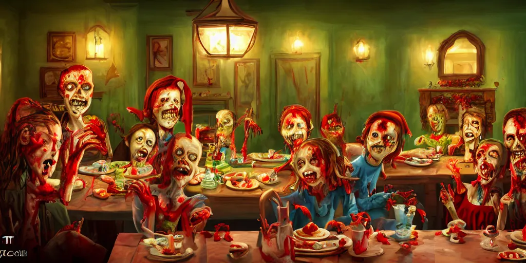 Image similar to a zombie family christmas diner, vivid colors, wide angle, super highly detailed, professional digital painting, artstation, concept art, smooth, sharp focus, no blur, no dof, extreme illustration, unreal engine 5, photorealism, hd quality, 8 k resolution, cinema 4 d, 3 d, beautiful, cinematic, art by tim burton