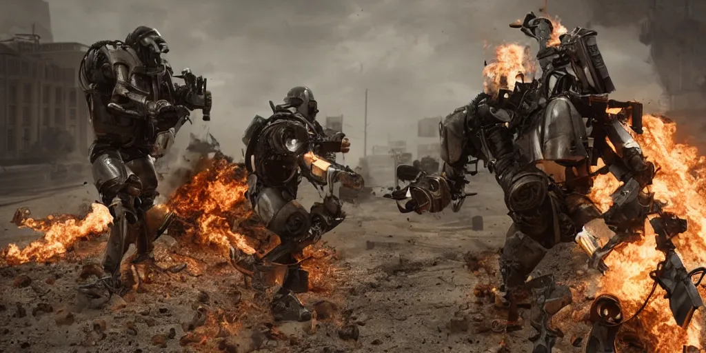 Prompt: corbin dallas attacking terminators with zf - 1, scorched earth, detailed, unreal engine, realistic, detailed, sweat, dramatic lighting, cinematic
