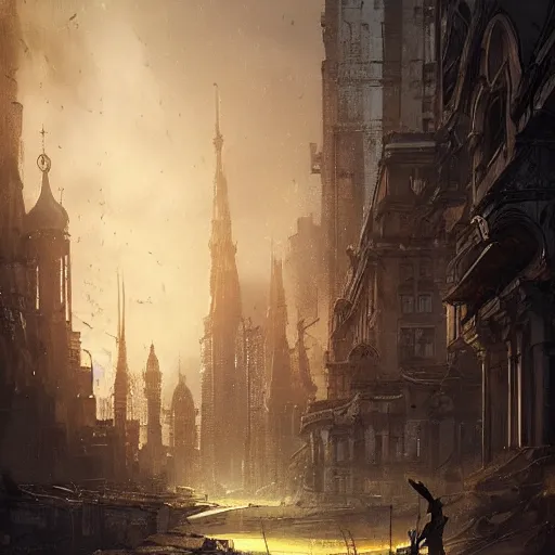 Prompt: saint petersbourg in a post apocalyptic earth as seen by greg rutkowski, dark theme, enchanted, warm colors, high quality, waw, trending on artstation