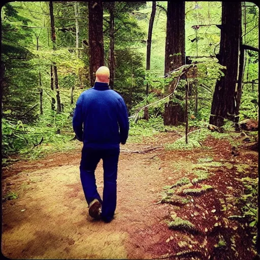 Image similar to “ poor quality nature photography of a bald man hiking in the woods with bigfoot walking by ”