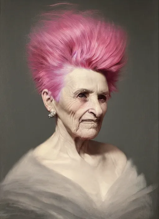 Prompt: a detailed portrait of old woman with a mohawk by edouard bisson, 2 0 2 0 fashion, pink hair, punk rock, looking at the camera, oil painting, muted colours, soft lighting