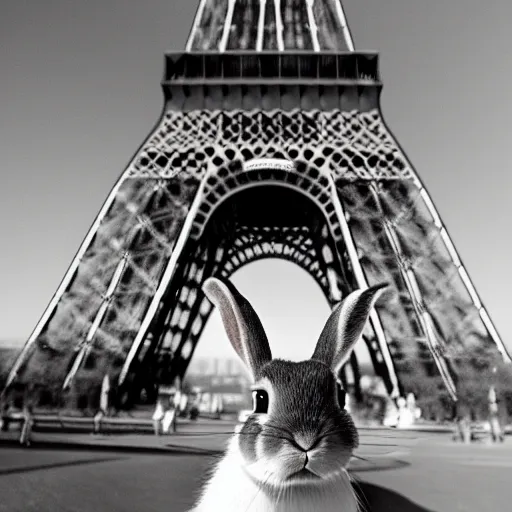 Image similar to a rabbit selfie in front of the eiffel tower, black and white vintage photograph