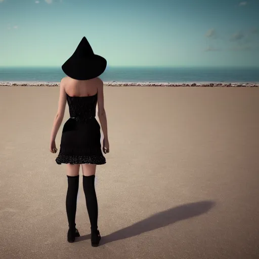 Image similar to unreal engine ue 4 high detail render of a well developed goth girl with brunette hair and bangs, a black tube top, a tiny blue skirt, fishnets, and a large black gothic sunhat at the beach disney style 4 k