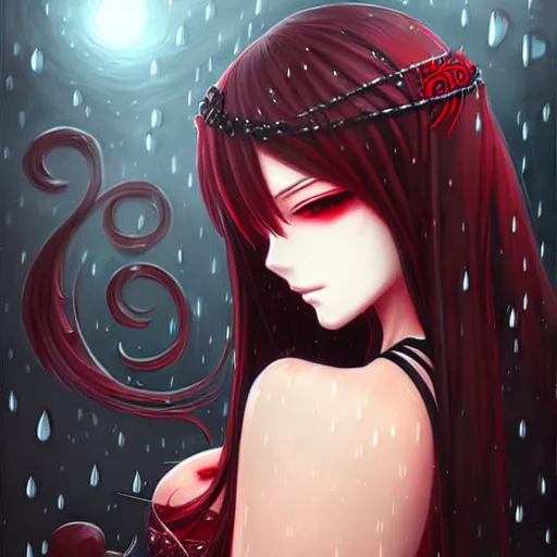 Image similar to beautiful seductive female goddess, in the rain, highly detailed, painting, dark red and black color palette, intricate, high quality anime artstyle, in the style of sana takeda