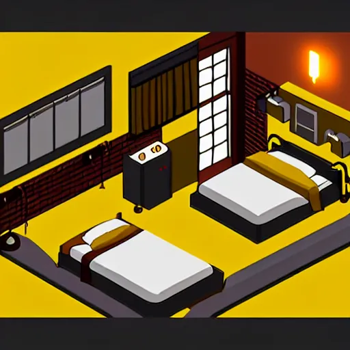 Image similar to rpg maker style bedroom, rpg game style, warm yellow lighting, isometric view, isometric perspective, 3 d, comforting